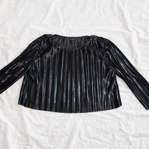 ZARA Black Metallic Pleated Top NWT Size S Shimmer Long Sleeve Blouse